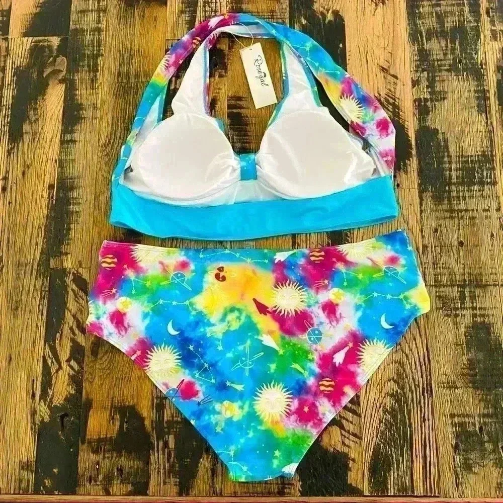 NEW ROSE GAL Plus Size Celestial Print Tankini High-Waisted Swimsuit Size 22